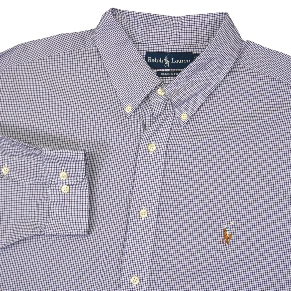 Ralph Lauren Button Down Shirt Mens 18 34/35 Purple Check Classic Fit Flesh Pony